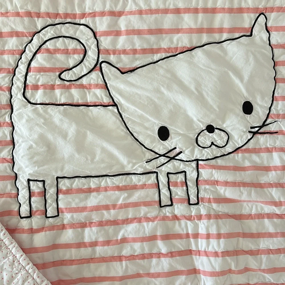 Vintage The Land Of Nod Pink‎ White Striped Cat Throw Baby Blanket Nursery Crib